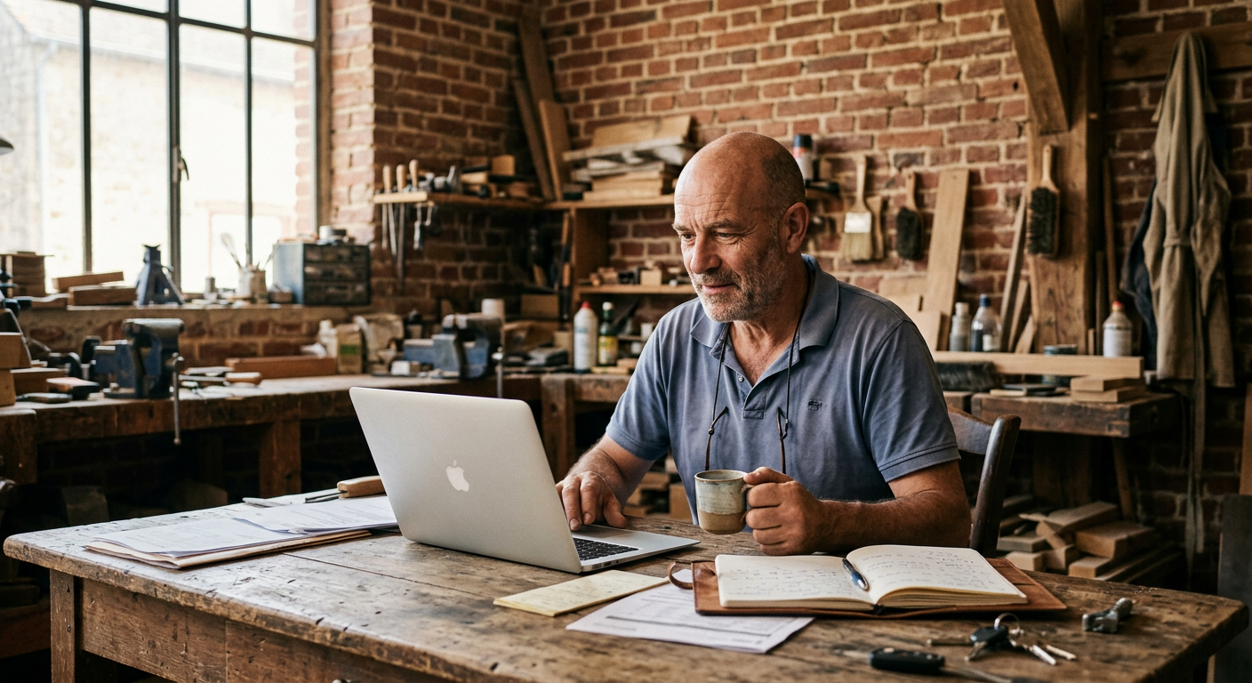 Un artisan consulte son ordinateur à sa table de travail, un café à la main.