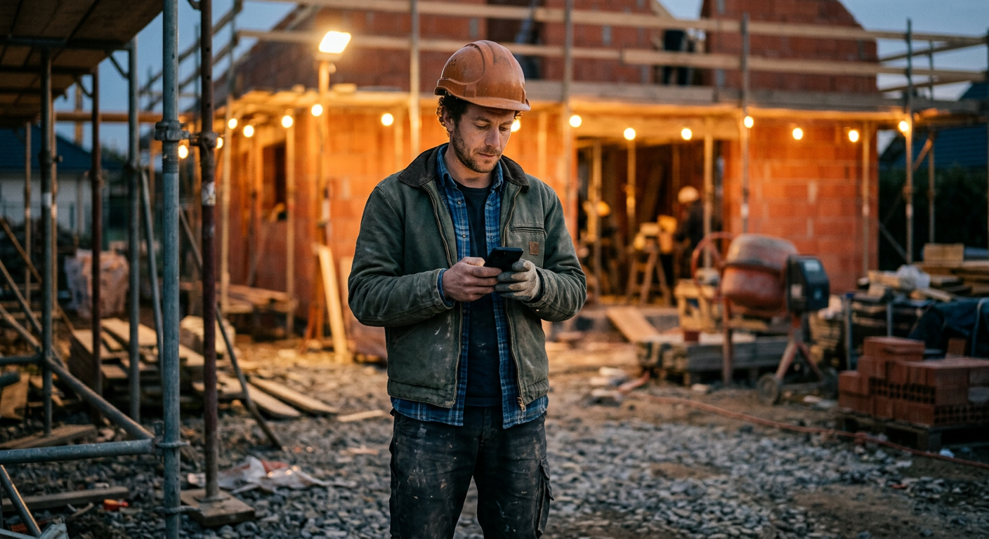 Un ouvrier du bâtiment consulte son téléphone sur un chantier, en fin de journée.